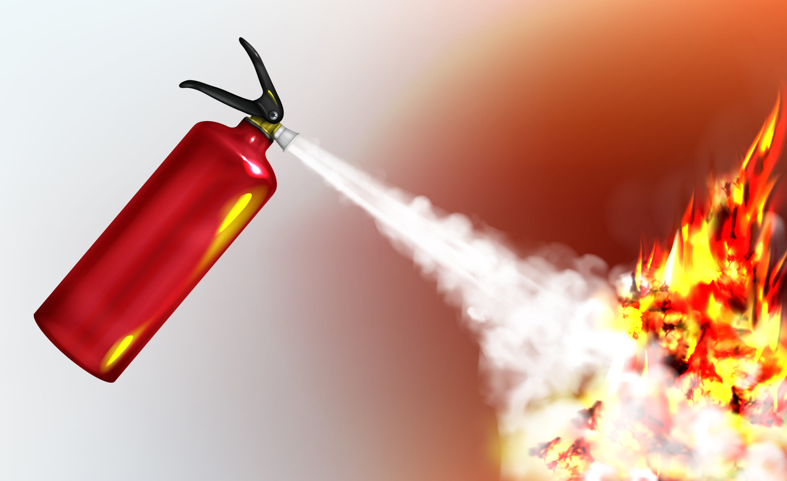 Stored-pressure, handheld fire extinguisher spraying firefighting agent, suppressing blazing flame realistic vector 3d illustration. Extinguishing and prevention fire. Emergency situations equipment