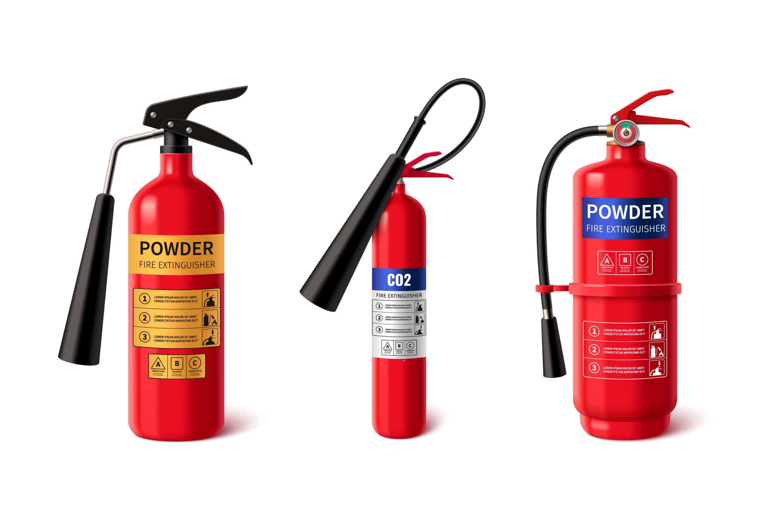 Realistic red fire extinguisher with sprayer and labels for instructions about providing emergency assistance in extinguishing flame. 3d vector set of different firefighter portable equipment mockup.